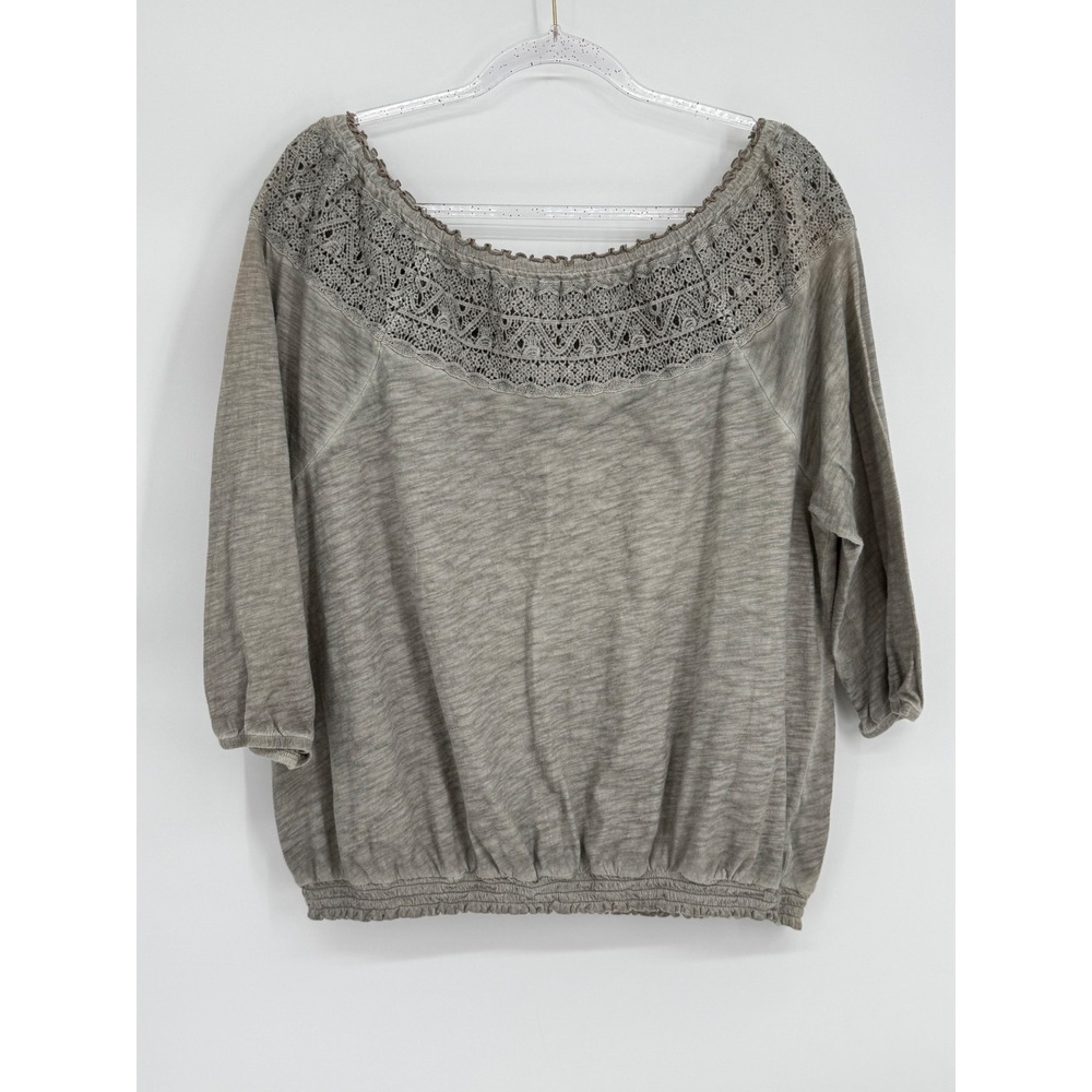 Sonoma Goods For Life Women Sz 1X Gray Crochet Lace Neck‎ Smocked Hem Cotton Top